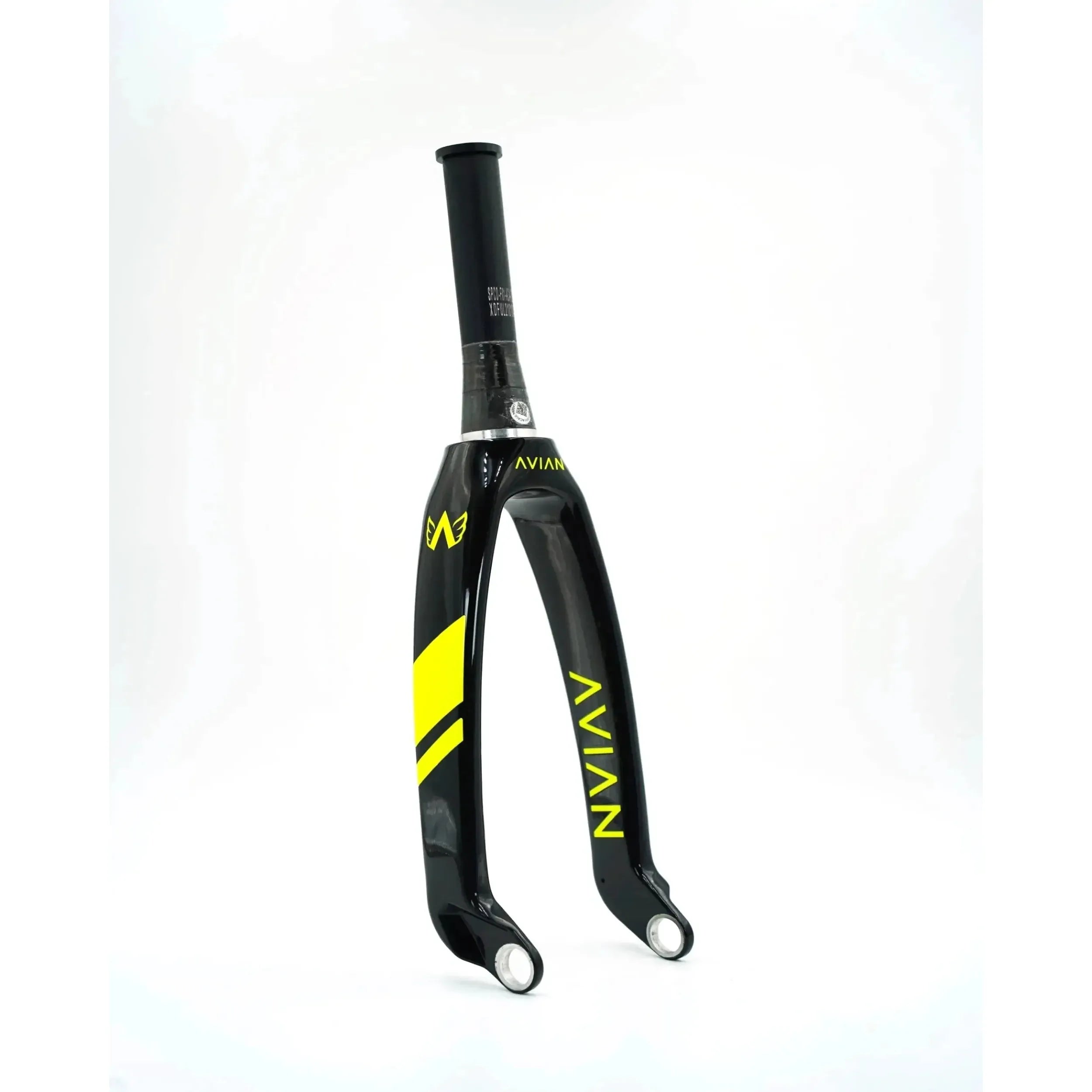 The Avian Versus Pro 20 Inch 20mm Tapered Carbon Fork, in black and yellow with a straight steerer, is crafted from premium Toray carbon—ideal for BMX racing frames and shown upright on a white background.
