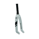 The Avian Versus Pro 20 Inch 20mm Tapered Carbon Fork, finished in white with black graphics, is crafted from premium Toray carbon for BMX racing and is displayed against a plain white background.
