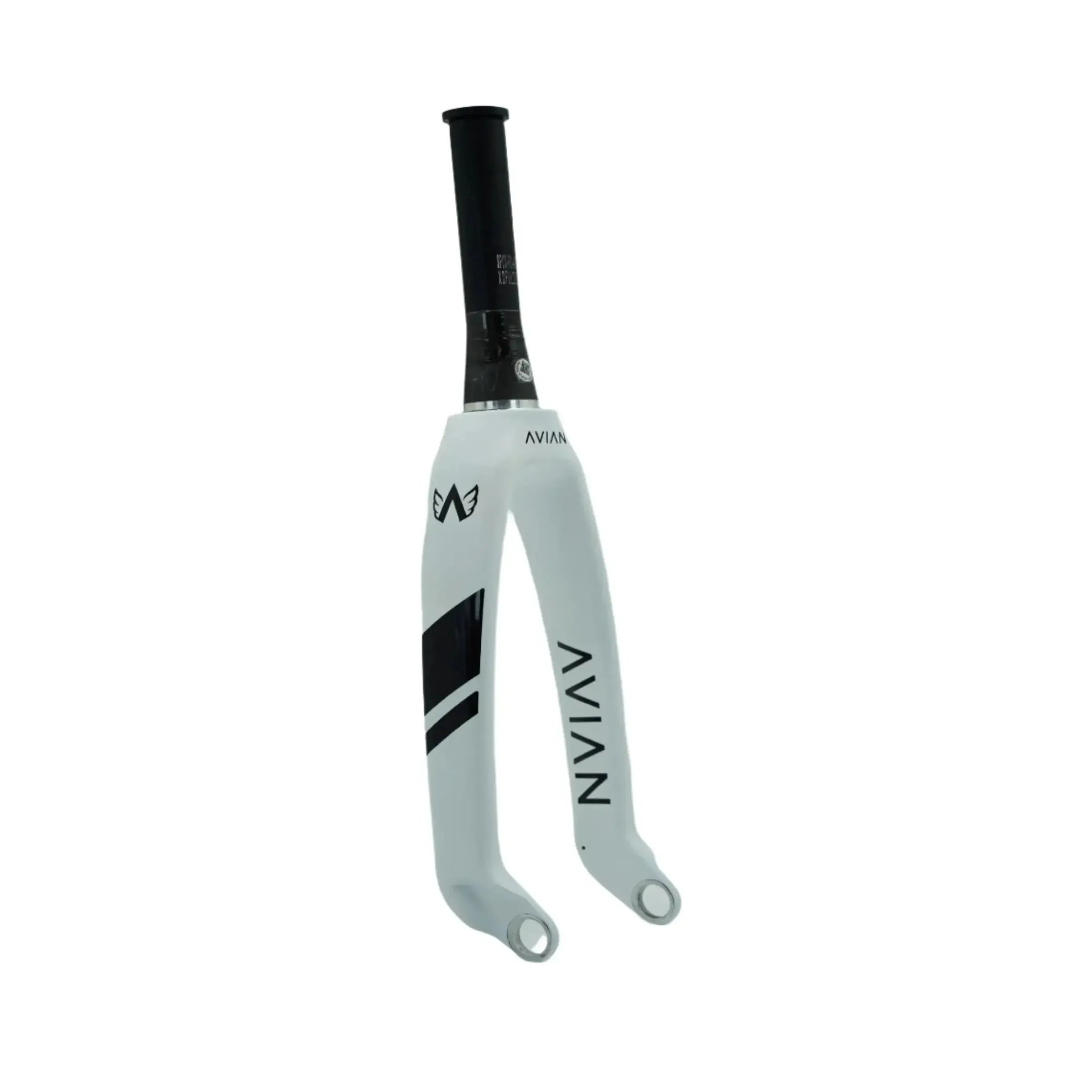 The Avian Versus Pro 20 Inch 20mm Tapered Carbon Fork, finished in white with black graphics, is crafted from premium Toray carbon for BMX racing and is displayed against a plain white background.