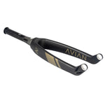 The Avian Versus Pro 20 Inch 20mm Tapered Carbon Fork, featuring a sleek black design with gold lettering on a pristine white background, is ideal for BMX racing frames and showcases the finest engineering from AVIAN.