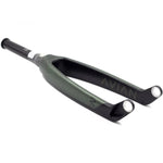 The Avian Versus Pro 20 Inch 20mm Tapered Carbon Fork, branded with "AVIAN," in black and green is ideal for BMX racing frames.