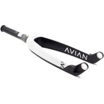 The Avian Versus Pro 20 Inch 20mm Tapered Carbon Fork, featuring a sleek black and white design, is elegantly displayed on a white surface, highlighting its state-of-the-art aesthetics ideal for BMX racing frames.