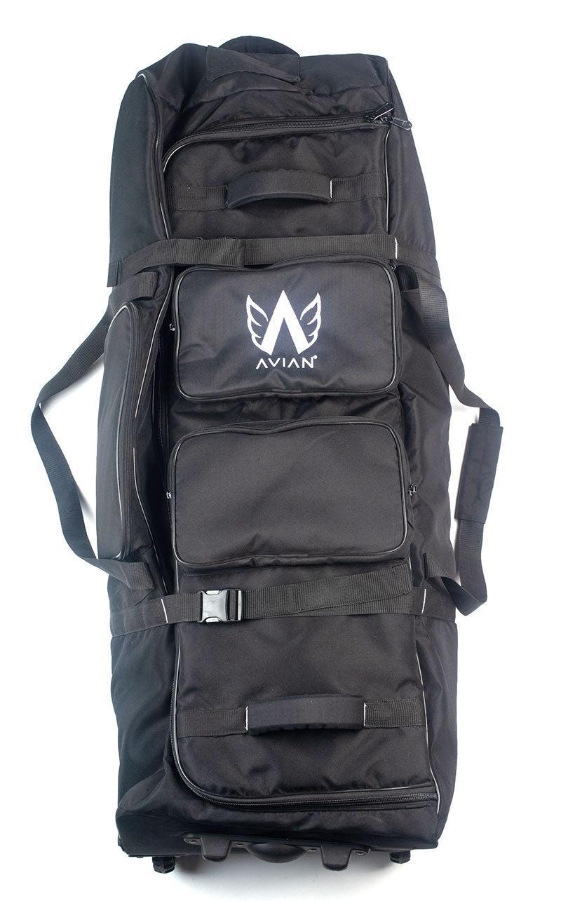 The Avian Gilmore V2 Flight bag is a spacious black rolling duffel with multiple zippered compartments, ideal for bike travel, and displays the Avian logo on the front pocket.