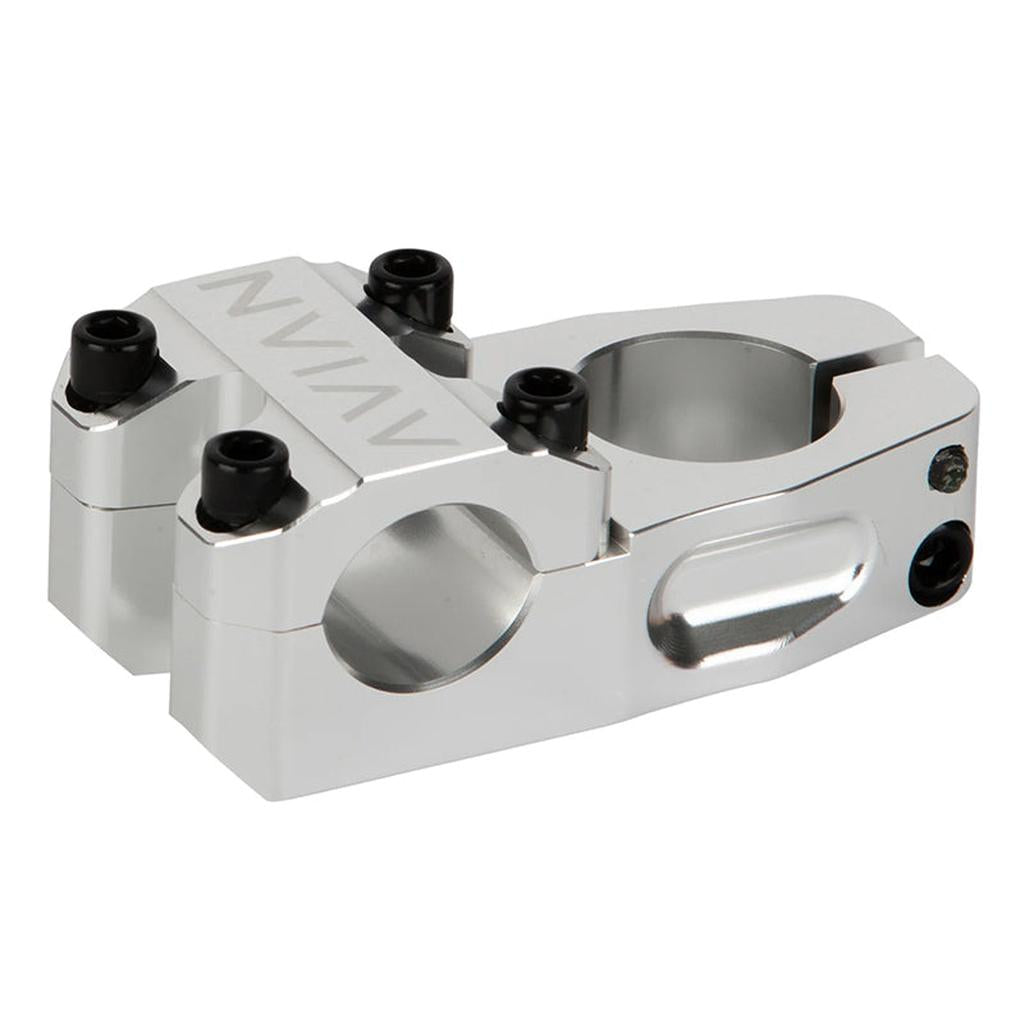 The Avian Scorcher Top Load 1in Stem is a lightweight silver BMX race stem with four black front bolts, a handlebar cutout, and engraved branding on top.