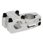 The Avian Scorcher Top Load 1in Stem is a lightweight silver BMX race stem with four black front bolts, a handlebar cutout, and engraved branding on top.