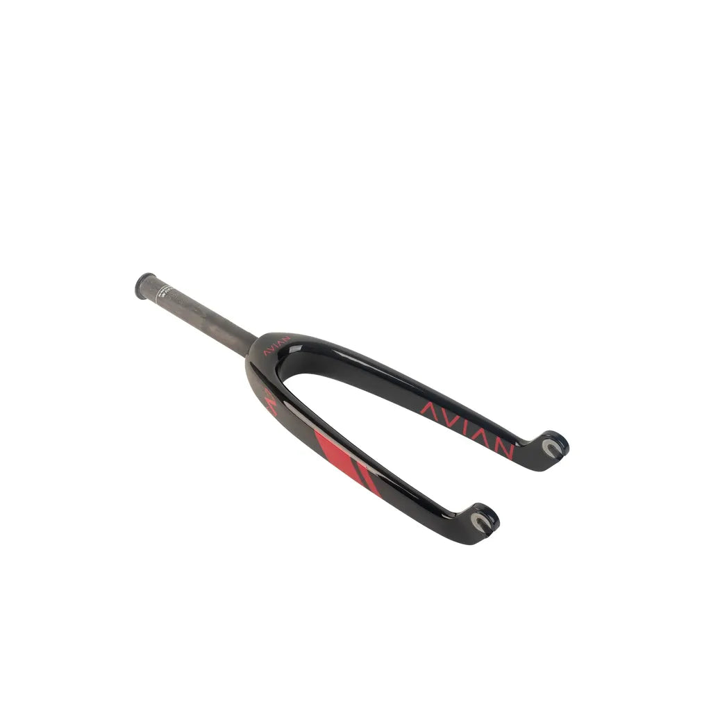 The Avian Versus Pro 20 Inch 10mm Carbon Fork features a black and red design with a carbon steerer tube and composite construction, shown on a white background.