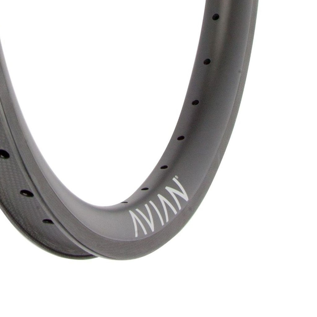 A front Avian Venatic Carbon Rim 20x1.75 with the word nivan on it.