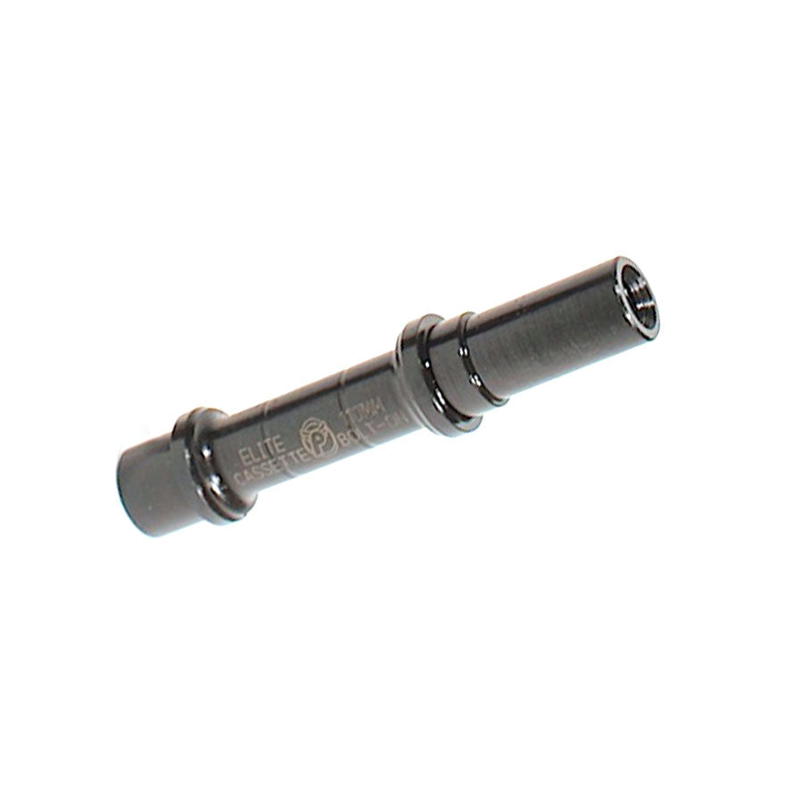 A close-up view of a cylindrical metal bike axle with printed text showcases the precision design of the Profile Elite Rear (Axle Options) Cassette Hub, making it a premium upgrade for cycling enthusiasts.