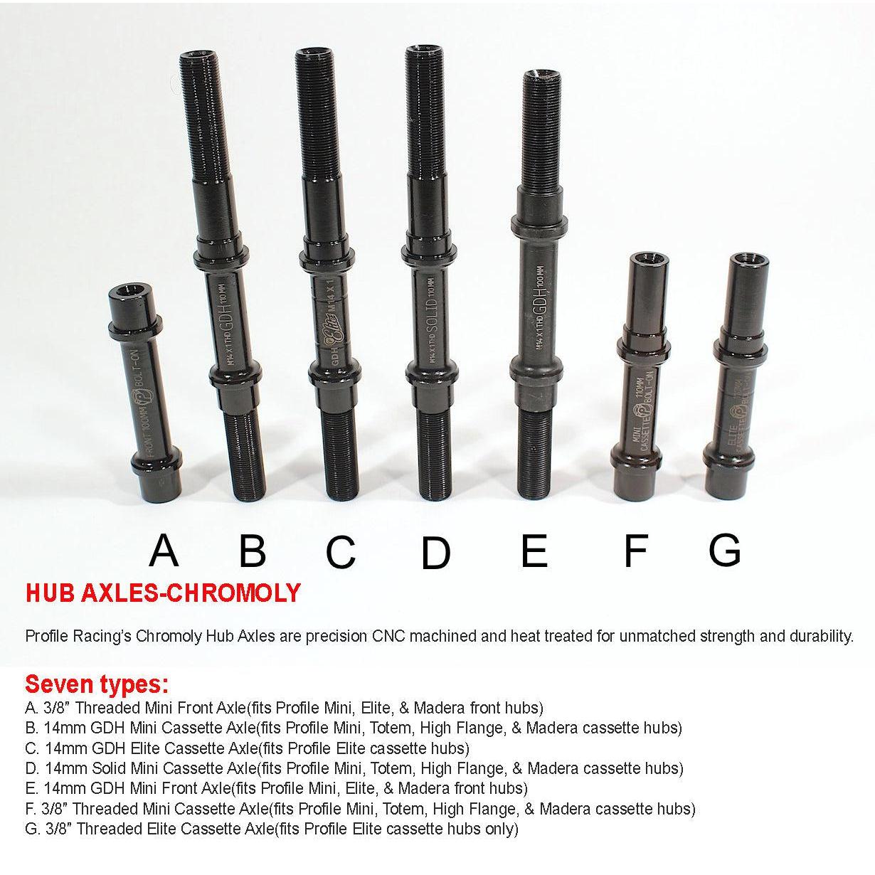 Seven chromoly hub axles, labeled A to G, with size and compatibility details suitable for various bike models. Ideal for upgrades, these axles integrate flawlessly with cassette hubs like the Profile Mini Rear.
