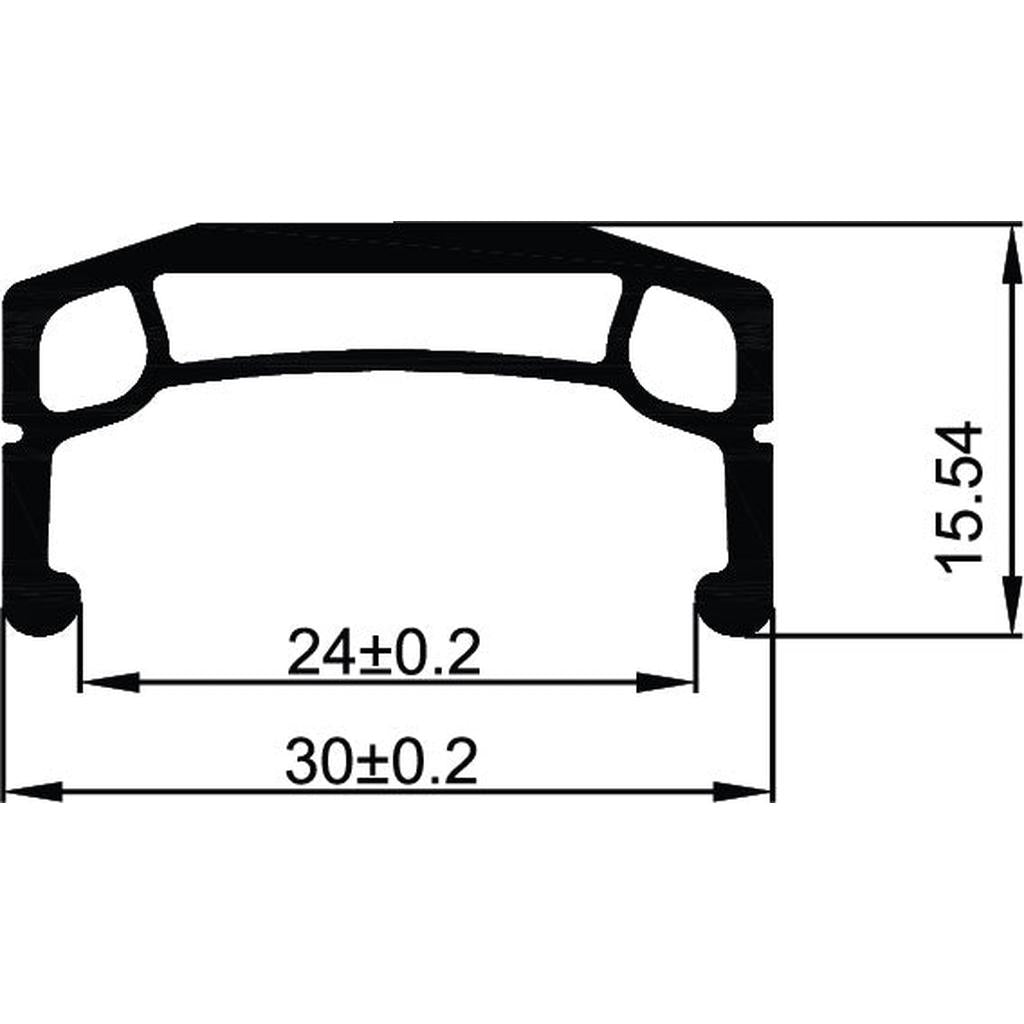 Technical drawing of a cross-sectional profile for the Weinmann DM30 Rim 20 Inch (406 mm), double wall, with horizontal dimensions of 24±0.2 mm and 30±0.2 mm, and a vertical dimension of 15.54 mm.