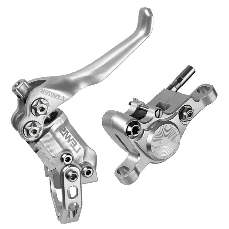 Two Lewis LV2 Post Mount Disc Brakes with CNC machining technology, isolated on a white background.