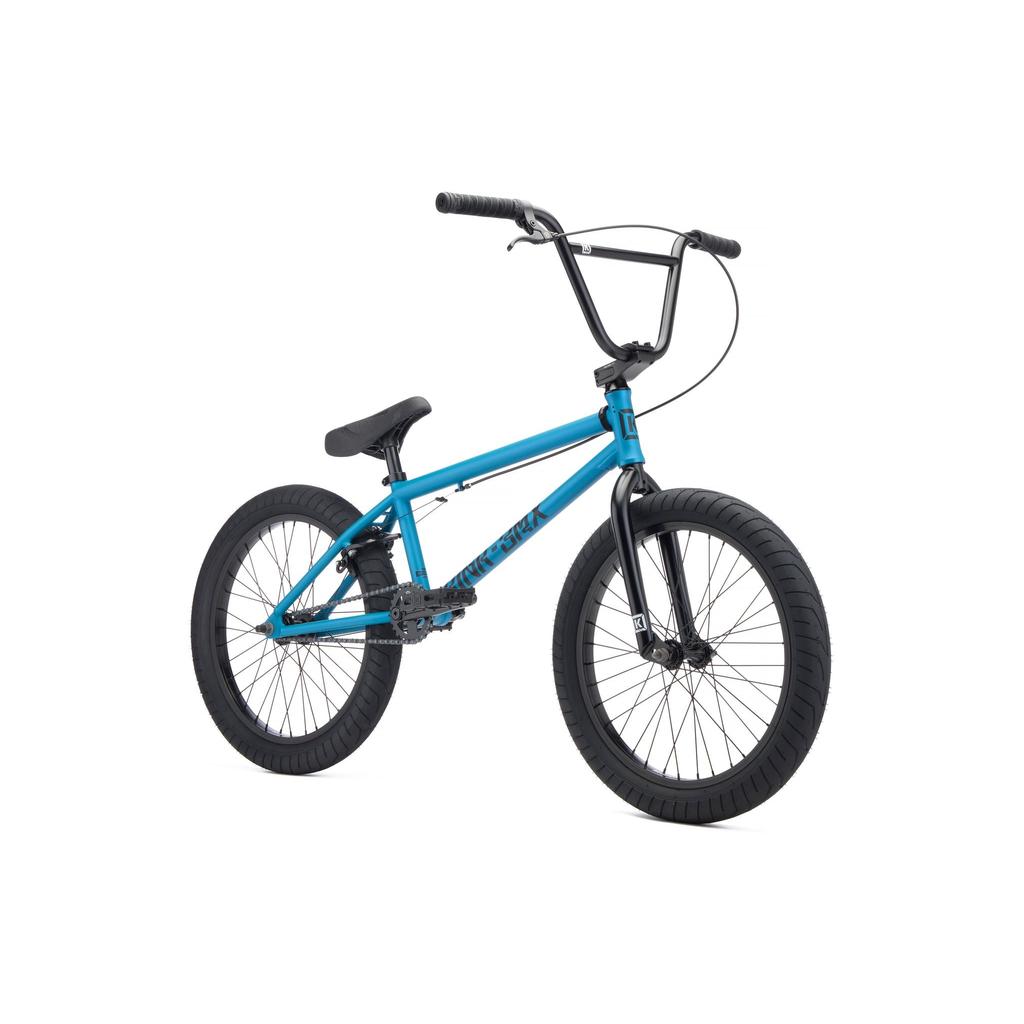The Kink Launch 20 Inch Bike (2027) is a blue BMX with black handlebars, seat, and tires shown on a white background at a front-left angle—great for beginners and built with durable Mission components for long-lasting performance.