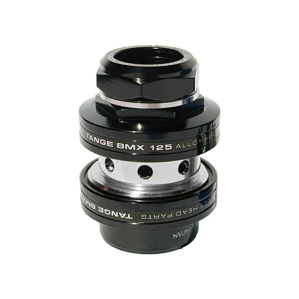 Tange MX-125 Anodised Threaded Headset in black and silver, designed for BMX bikes with visible bearing cups and engraved text, features sealed bearings for smooth performance and comes in classic old school sizing with a durable anodised finish.