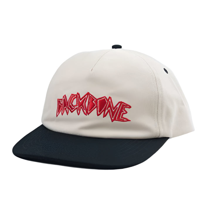 The Backbone Always Building Hat features a beige unstructured design with a black brim and an embroidered red "BACKBONE" logo on the front, perfect for fans of Backbone BMX who appreciate style and subtlety.