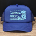 The Backbone Doughboy Trucker Hat is a recycled polyester hat in classic blue, showcasing a chef graphic and the text "world's famous 20-inch." It’s also branded with "there ain't nobody like us," combining uniqueness with eco-friendliness.
