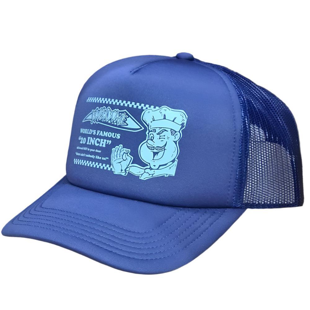 Backbone Doughboy Trucker Hat featuring a chef graphic and "World's Famous 40 Inch!" text on the front, set on a wooden surface.