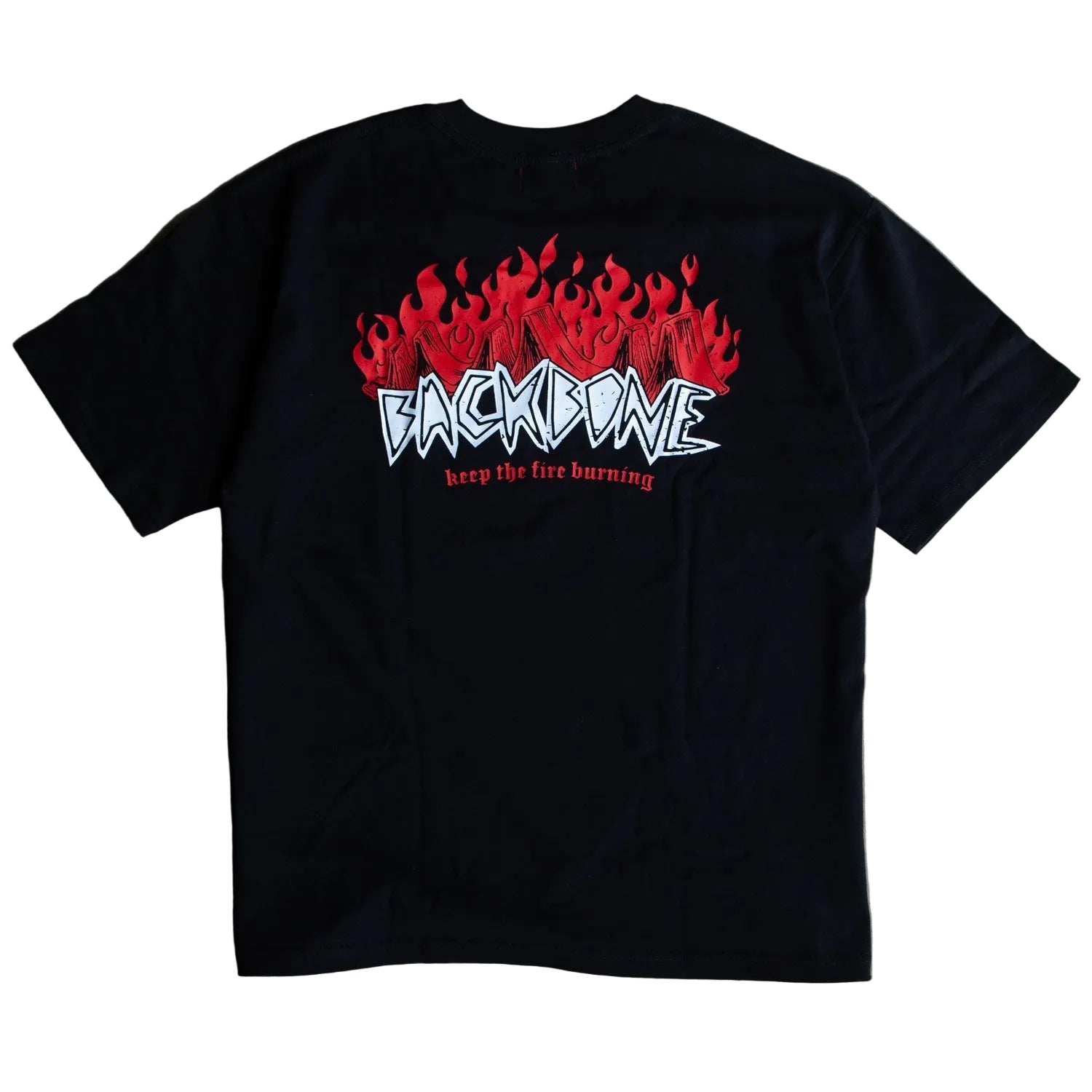 The Backbone Fire Burning T-Shirt is a premium black heavyweight cotton tee with red flames and bold white "BACKBONE" above "keep the fire burning" on the back, celebrating Aussie BMX style.