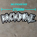 The Backbone Logo Die Cut Sticker features the word "BACKBONE" in a stylized white font on black, ideal for your frame downtube, with text above reading "BIG STICKER SIZE 270MM.