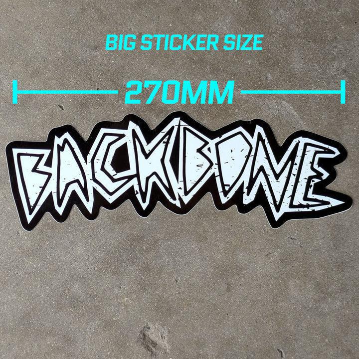 The Backbone Logo Die Cut Sticker features the word "BACKBONE" in a stylized white font on black, ideal for your frame downtube, with text above reading "BIG STICKER SIZE 270MM.