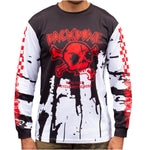 A man confidently wears the Backbone Real Fast Race Jersey / Gnar Drip (Youth), a long-sleeve shirt with a red skull and text design, crafted from 160 GSM polyester. It combines edgy style and BACKBONE FIT, reminiscent of sick jerseys with a unique twist.