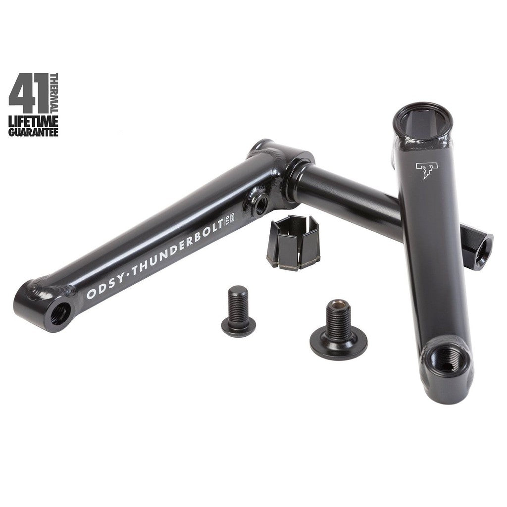 A set of black bike handlebars and a set of screws featuring Odyssey Thunderbolt Cranks.