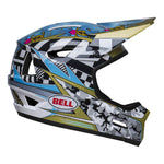 A full-face, lightweight helmet with a vibrant, geometric design in blue, gold, and black, featuring the "Bell" logo on the side. The Bell Sanction 2 DLX MIPS Caiden Black/White also incorporates MIPS technology for enhanced safety.