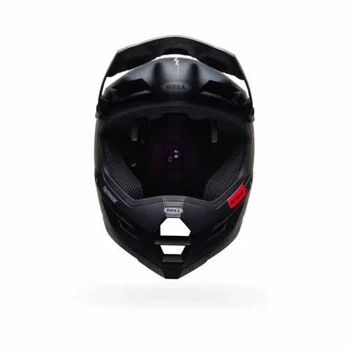 The Bell Sanction 2 DLX MIPS Fast House provides a sleek black full-face helmet for BMX racing, complete with MIPS technology, a tinted visor, and multiple ventilation openings.