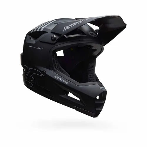 The Bell Sanction 2 DLX MIPS Fast House Matte Black helmet is a lightweight, full-face motocross helmet with an angular design, ventilation features, and a visor on top. It incorporates advanced MIPS technology to enhance safety for BMX racing enthusiasts.