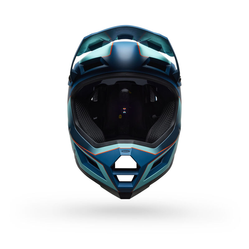 The Bell Sanction 2 DLX MIPS Matte Blue helmet, viewed from the front against a white background, showcases a geometric design in blue and teal. This lightweight and affordable helmet merges style with MIPS technology for advanced safety.