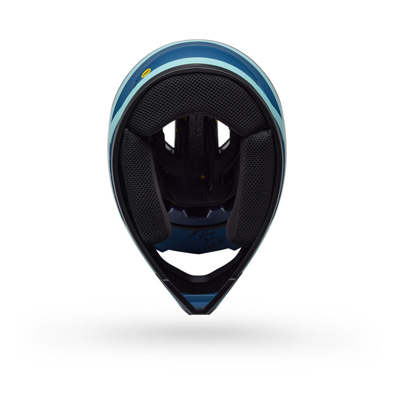 Top view of the budget-friendly Bell Sanction 2 DLX MIPS Matte Blue helmet with black padding and a chin guard, shown against a white background.