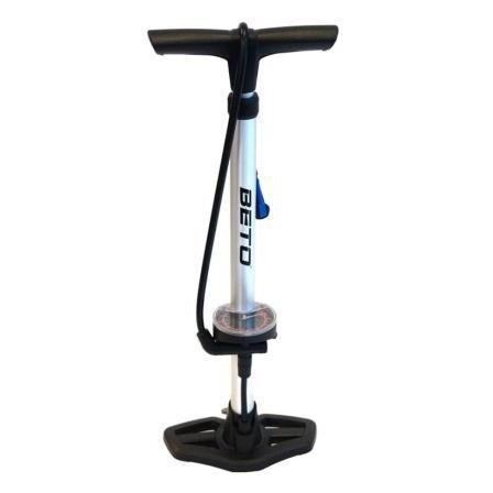 The Beto King Cobra Floor Pump is a sleek silver tool featuring a black handle and base, equipped with a pressure gauge, an attached hose, and a SMART valve head capable of reaching up to 160 PSI.