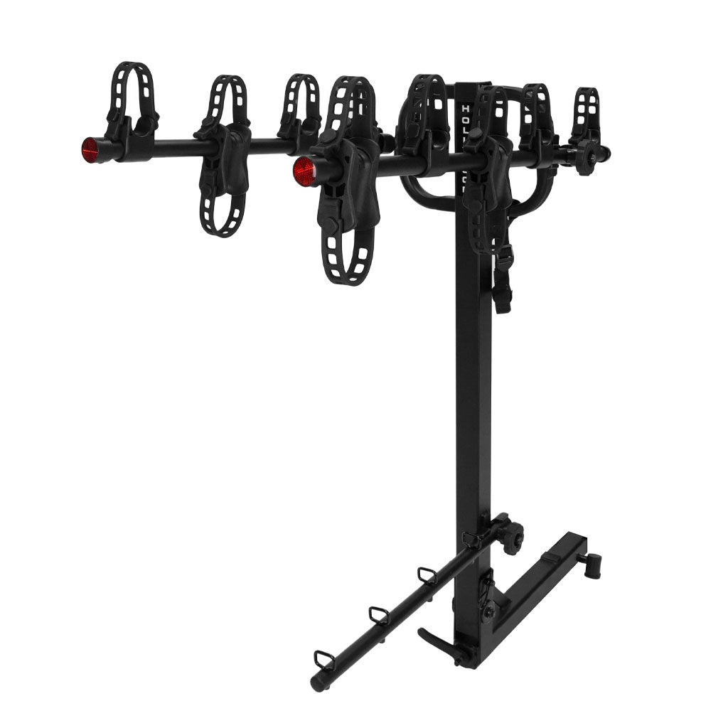 A black heavy-duty HOLLYWOOD ROAD RUNNER 4 BIKE HITCH RACK with four wheels on it.