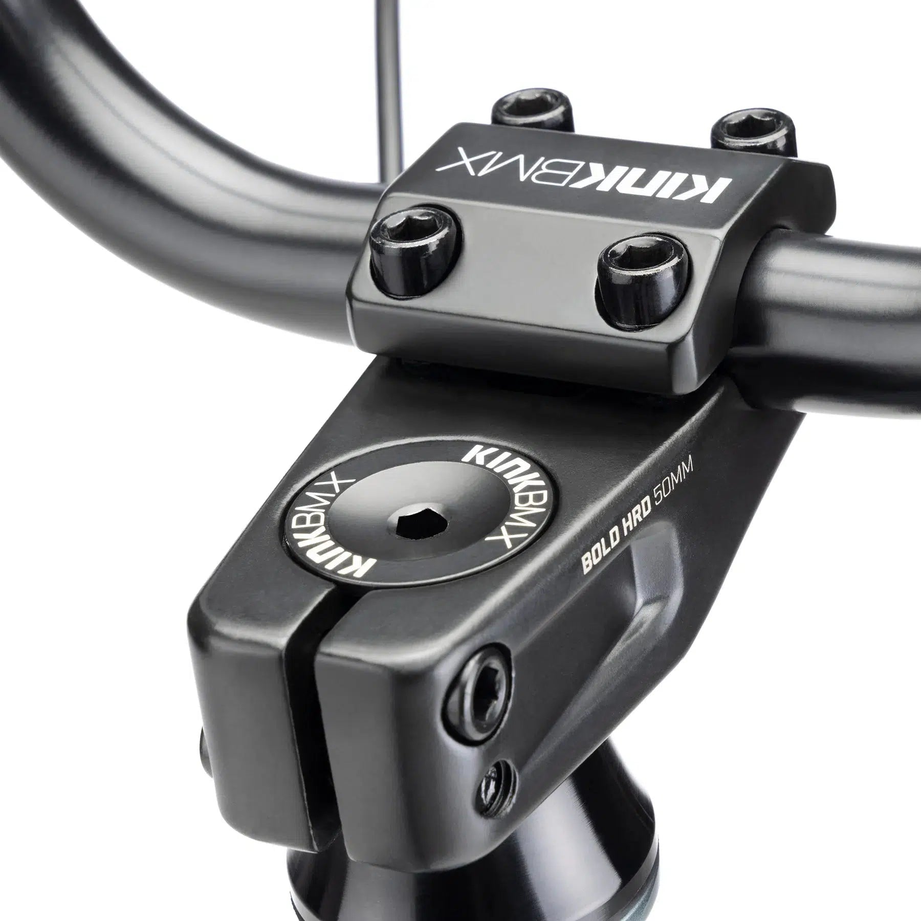 Close-up of a black BMX bike stem from the Kink Whip XL 20 Inch Bike, displaying the brand name and model "Bold HRD 50mm." Its robust construction complements the Chromoly Frame, providing durability and performance for every ride.