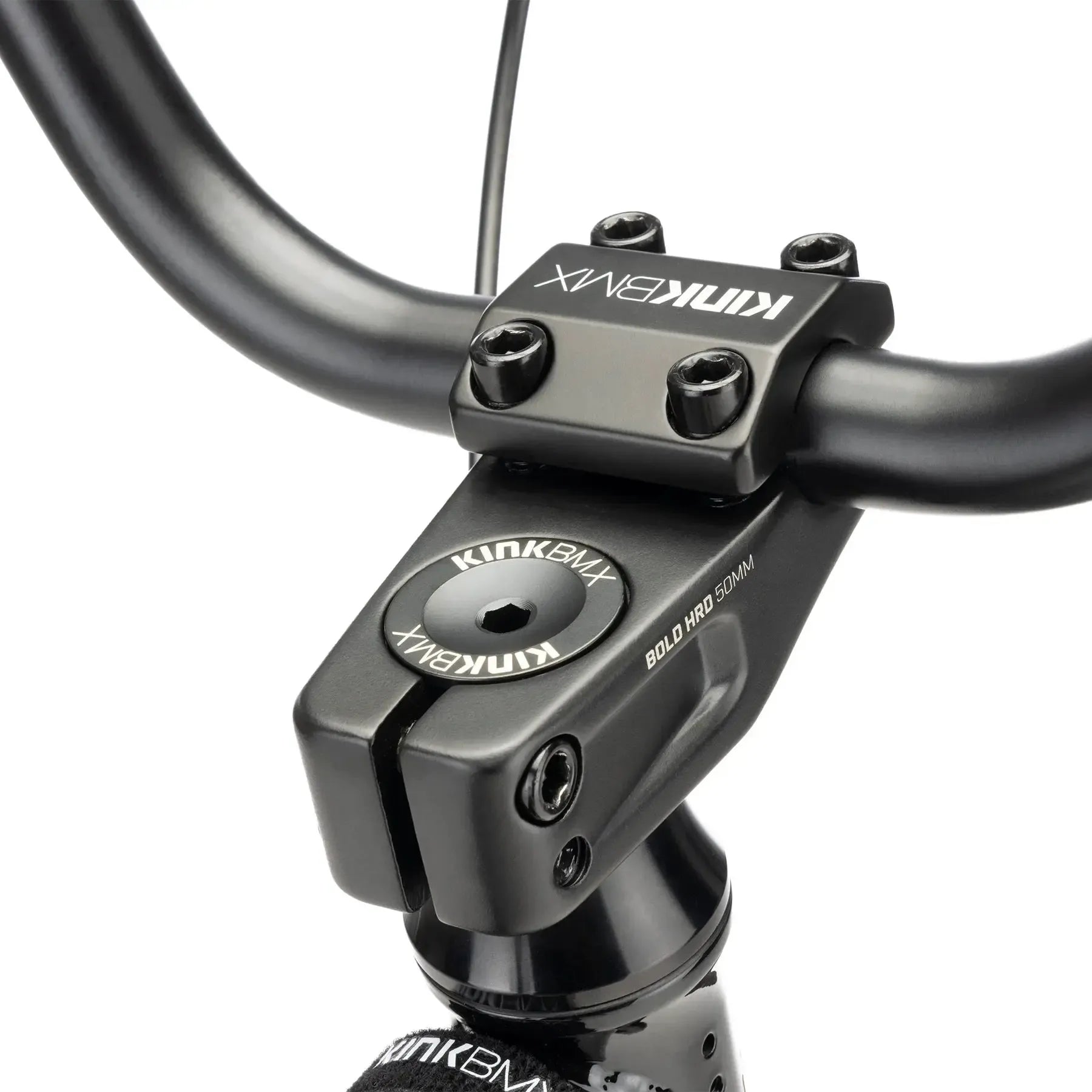 Close-up of the black stem and handlebars of the Kink Gap 20 Inch Bike (2026), showing bolts and “KINK BMX” branding on the cap and faceplate atop its sturdy 4130 chromoly frame.