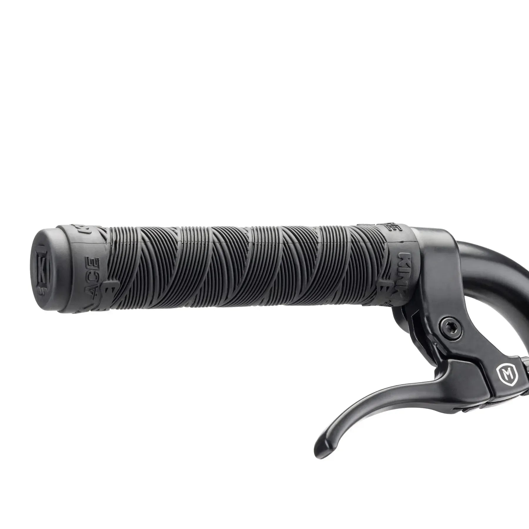 Close-up of a black bicycle handlebar grip with textured surface and an attached brake lever on a white background, ideal for a kids BMX bike such as the Kink Kicker 18 Inch Bike (2026).