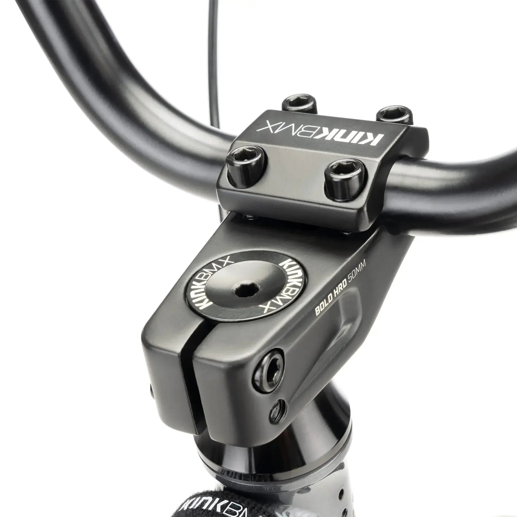 Close-up of a black freestyle BMX handlebar and stem with "KINK BMX" branding—perfect detail for fans of the Kink Kicker 18 Inch Bike (2026).