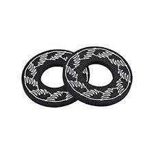 A pair of black and white rubber rings featuring SE Bikes Wings Donuts, collectors edition, on a white background.