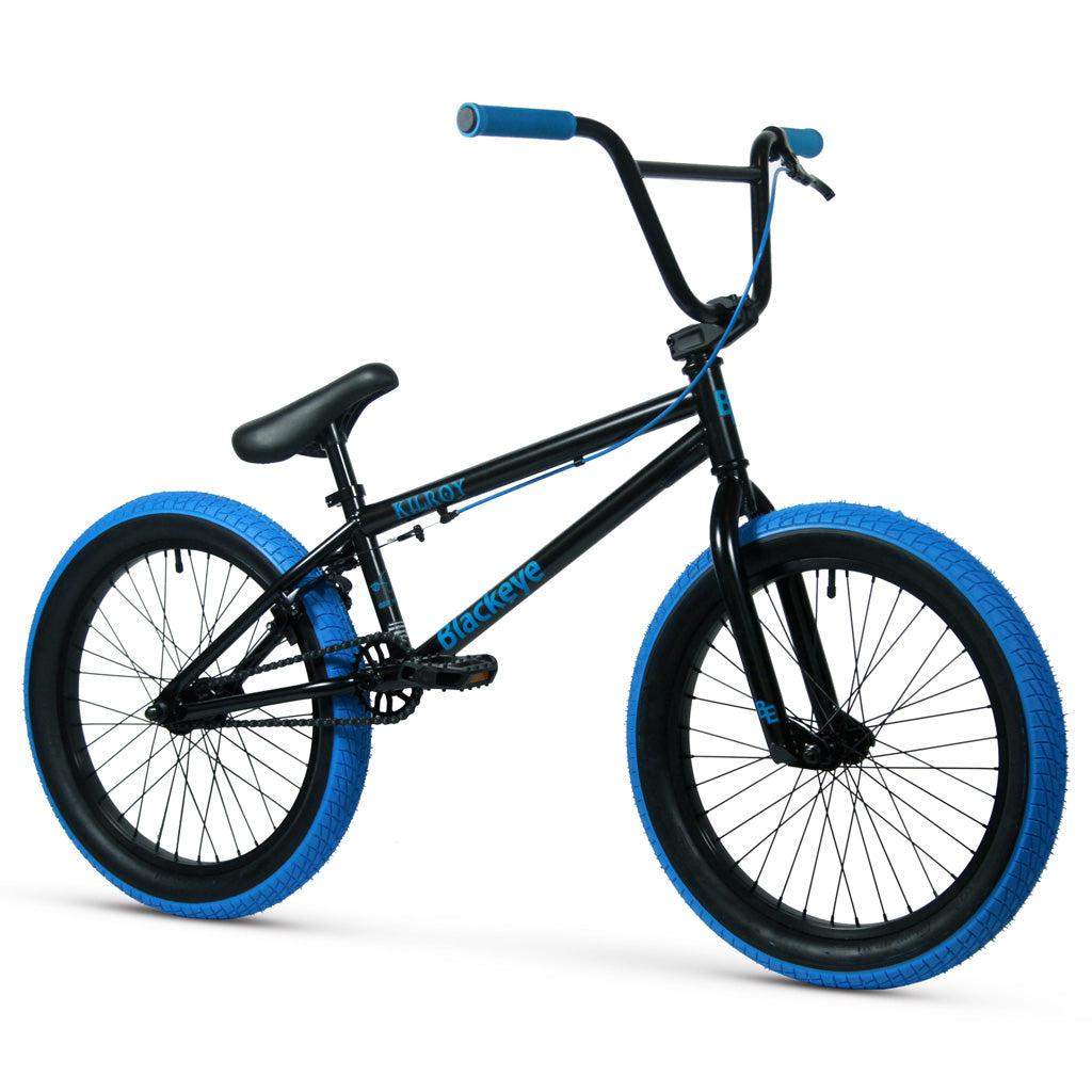 A Black Eye Kilroy 20 inch black and blue BMX bike on a white background.
