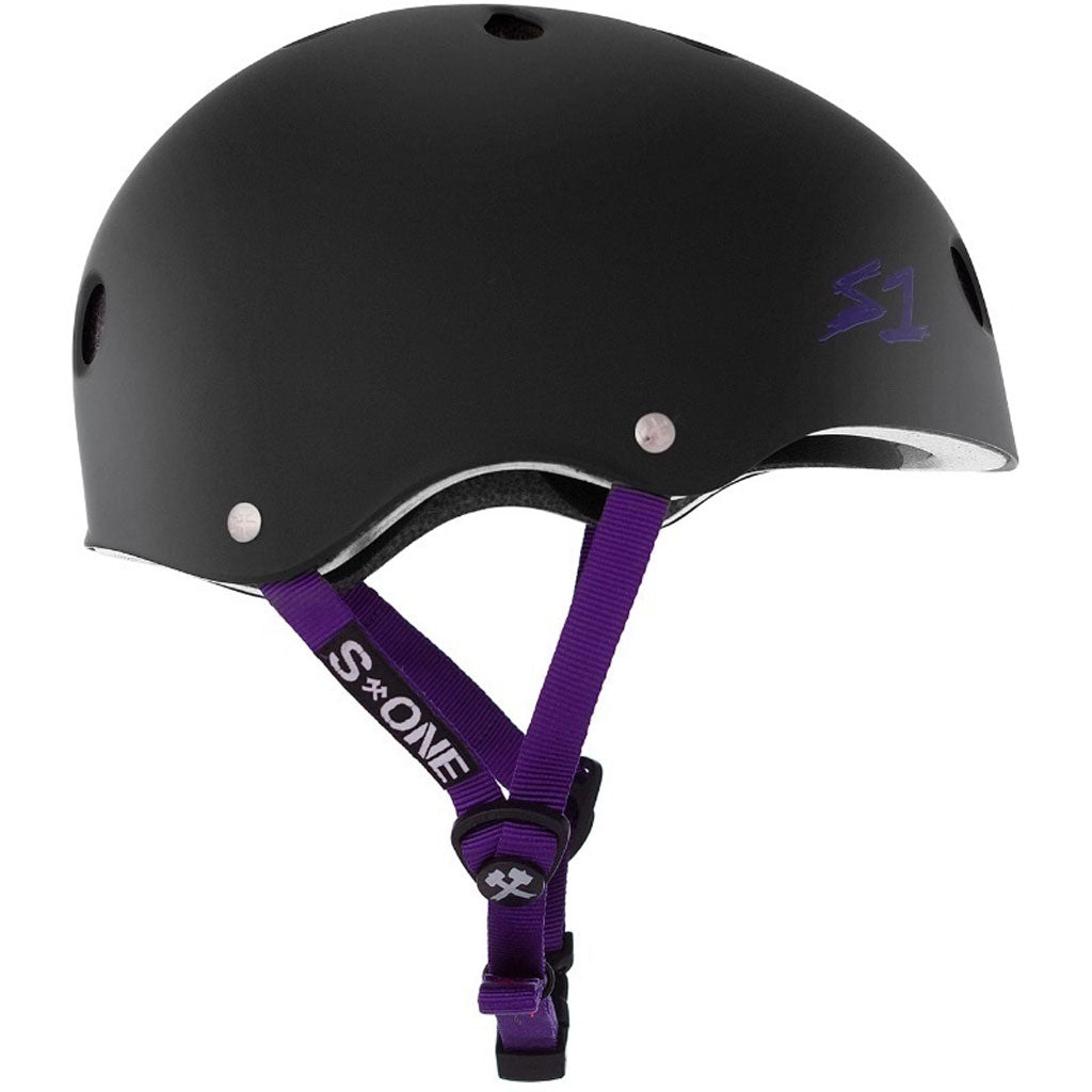 A S-One Lifer Helmet in black and purple on a white background.