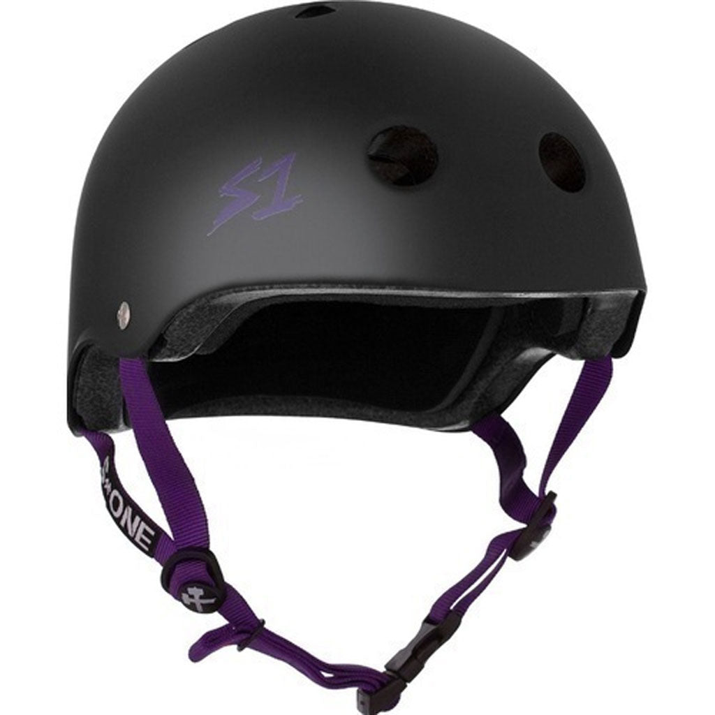 A S-One Helmet Lifer Black Matte/Purple Straps for protection, black and purple on a white background.