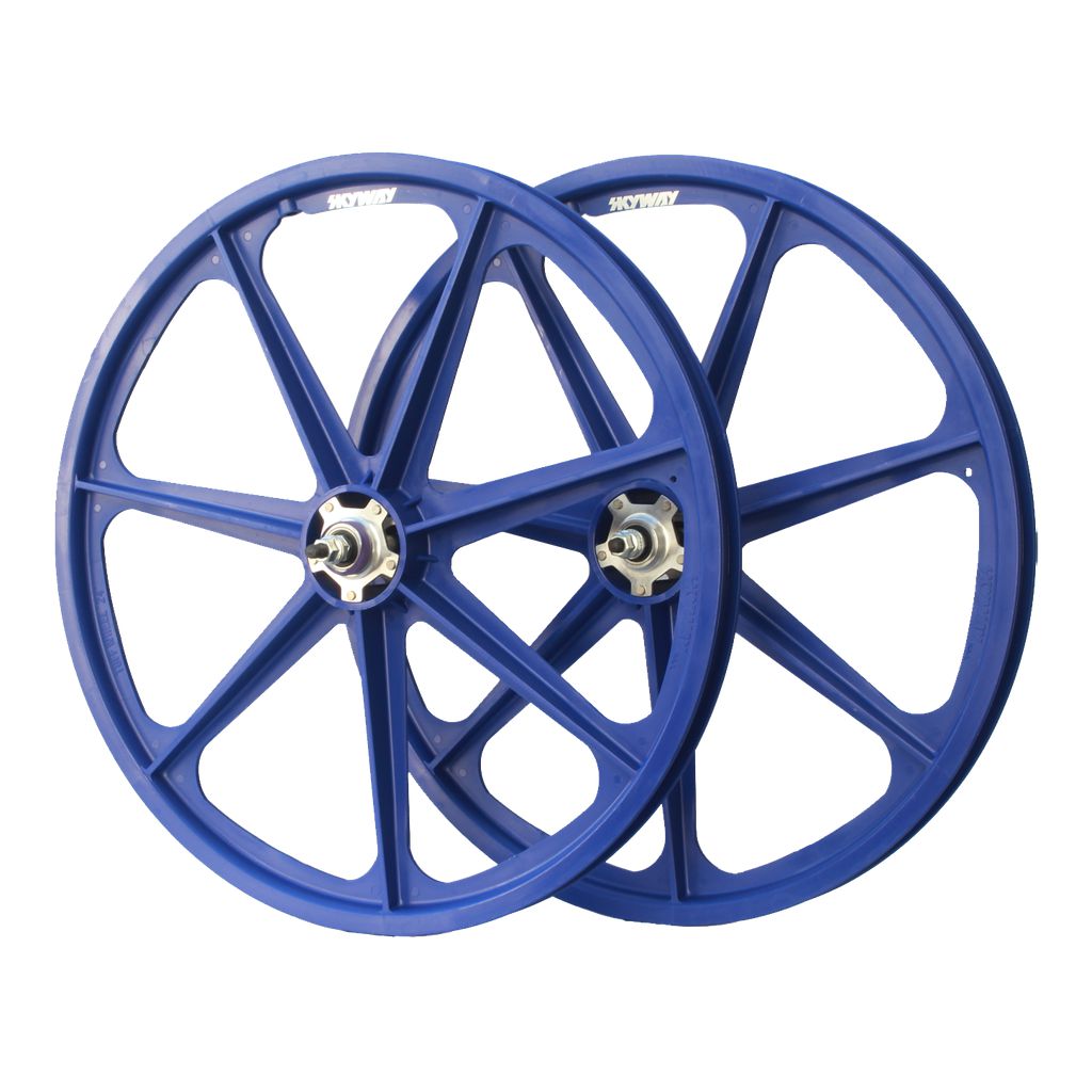 A pair of Skyway Tuff II Rivet 24 Inch Wheelset, blue plastic mould wheels with sealed bearings, on a white background.