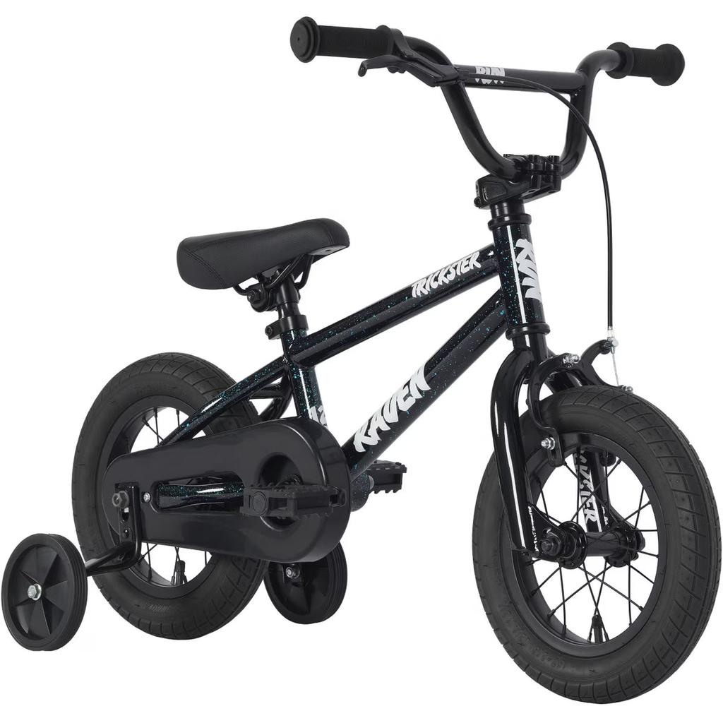 The Raven Trickster 12 Inch Bike is a small black BMX-style kids' bike with training wheels, a padded seat, and thick tires—ideal for beginners. Pictured on a white background.