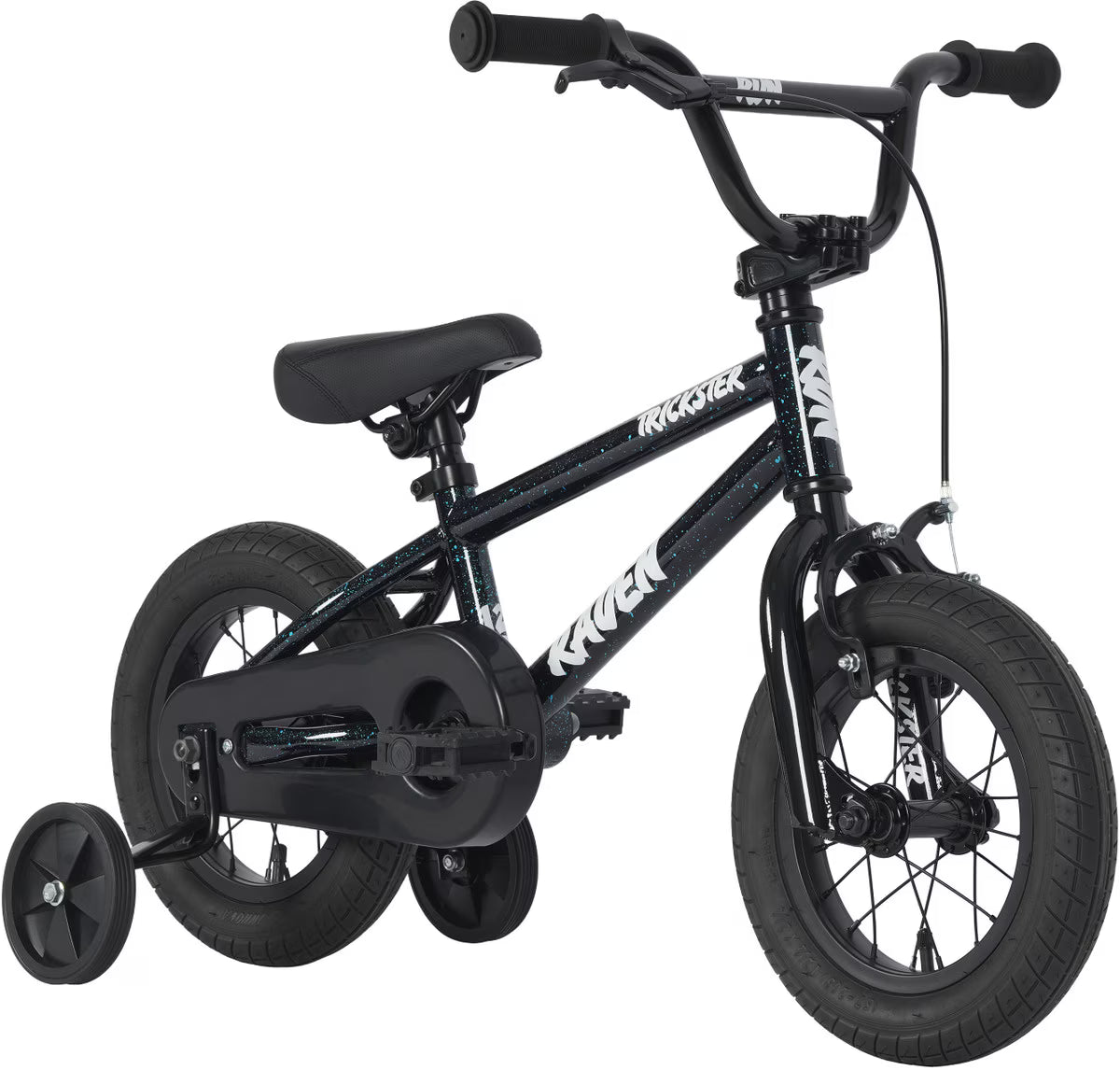 The Raven Trickster 12 Inch Bike is a small black BMX-style kids' bike with training wheels, a padded seat, and thick tires—ideal for beginners. Pictured on a white background.