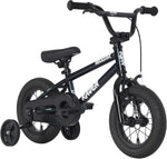 The Raven Trickster 12 Inch Bike is a small black BMX-style kids' bike with training wheels, a padded seat, and thick tires—ideal for beginners. Pictured on a white background.
