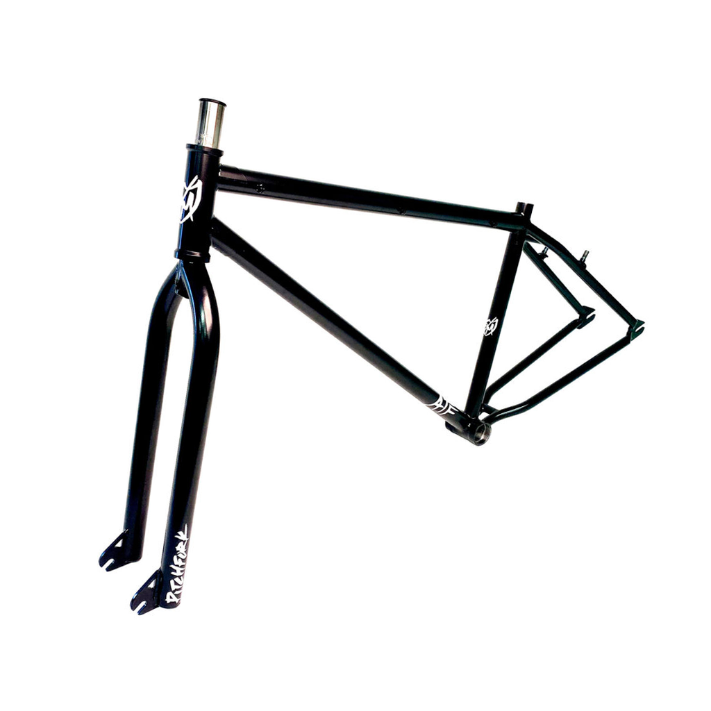 A S&M ATF 29 Inch Frame & Fork Kit with white writing and V-brake mounts on it.