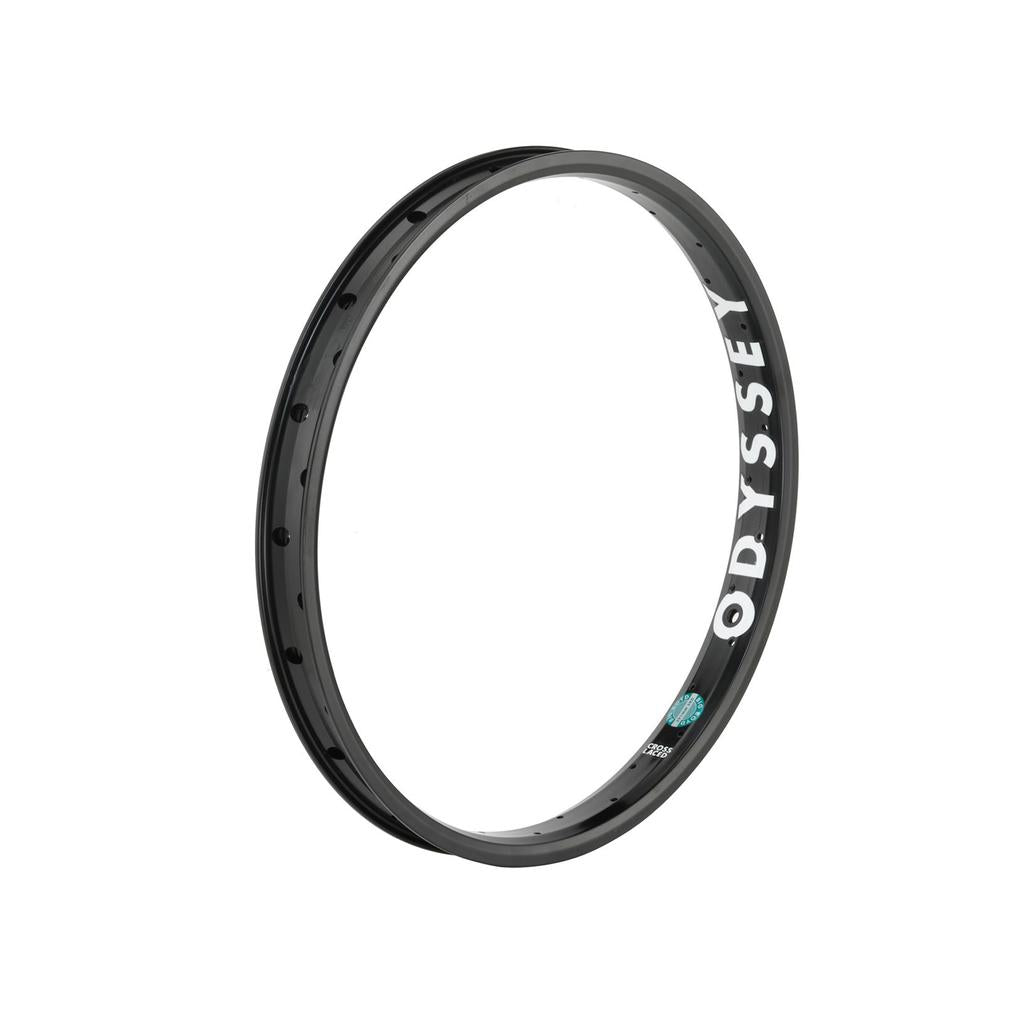 The Odyssey Big Boyd Rim is a black, extra-wide bicycle rim with multiple spoke holes, made from strong 6069-T6 aluminum and shown against a white background.