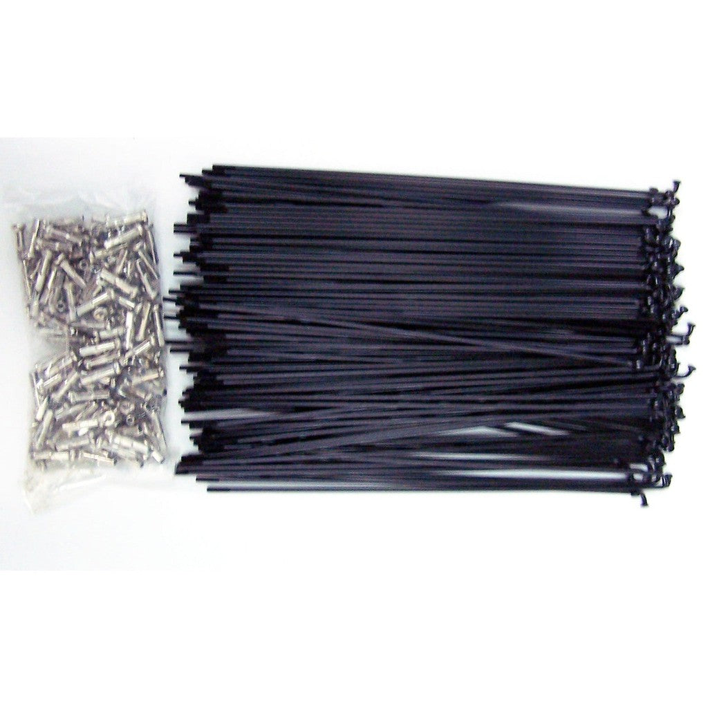 A pack of Hi-Tech Black Steel Spokes & Nipples and a bag of screws for sale, perfect for organizing cables or securing items in place.