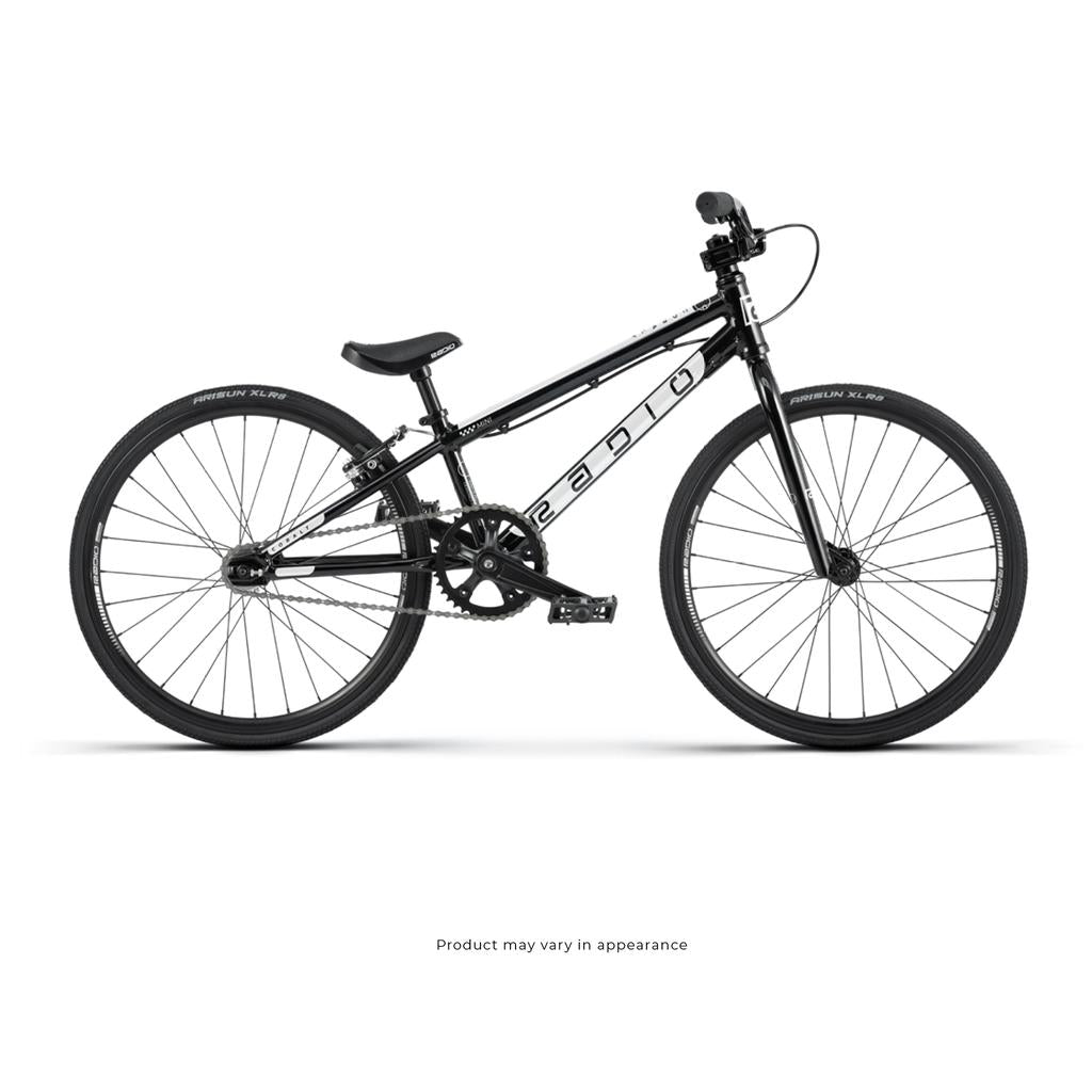 A Radio Cobalt Mini Bike in black with a lightweight frame, front and rear brakes, and thin tires—an ideal entry level BMX race bike—shown on a white background.