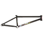 The S&M Hucker Frame (Mike Hucker Signature) is a black USA-made BMX frame with colorful graphic decals and a yellow lightning bolt on the down tube.