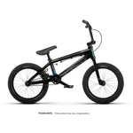 Side view of the Wethepeople Aerox 16 Inch Bike in black with blue accents, featuring a lightweight alloy frame, padded seat, thick tires, and straight handlebars, set against a white background.